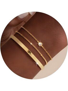 Moodear Dainty 14K Gold Stack Bracelet for Women - Trendy Bangle Cuff Figaro